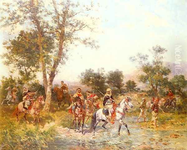 Cavaliers Arabes A L'Abreuvoir (Arab Riders at the Oasis) Oil Painting by Georges Washington