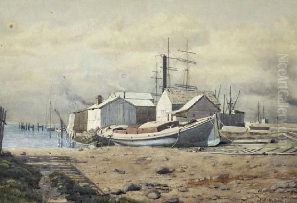 Docked Boat Oil Painting by John Robert Mather