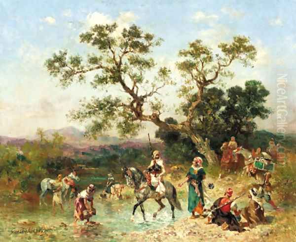 Oasis with Arabian horsemen Oil Painting by Georges Washington