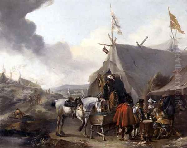 Cavalrymen at a military encampment Oil Painting by Pieter Wouwermans or Wouwerman