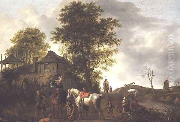 A landscape with a cottage and horsemen Oil Painting by Pieter Wouwermans or Wouwerman