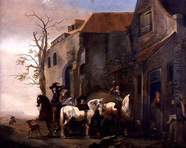 Riders and Horses at the Door of an Inn Oil Painting by Pieter Wouwermans or Wouwerman