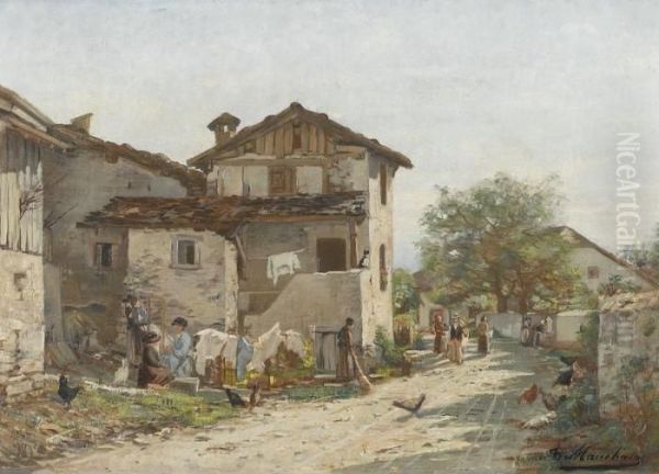 Landliche Strassenszene Mit Huhnern Und Staffage Oil Painting by Francois Armand Mauchain