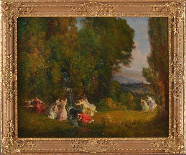 Maiden Frolicking In Pastoral Landscape Oil Painting by Francois Maury