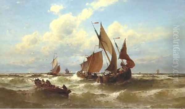 Bateaux de Blankenberghe fishing on a choppy sea Oil Painting by Theodor Alexander Weber