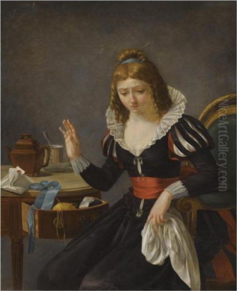 An Elegantly Dressed Lady Seated At A Table And Holding A White Hankerchief Oil Painting by Francois Maury