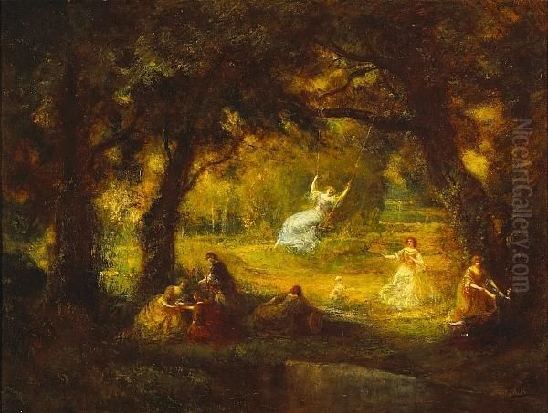 An Idyllic Landscape With Elegant Ladies In The Woods Oil Painting by Francois Maury