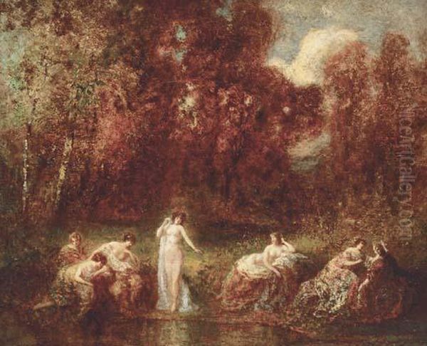 Ladies At A Pond In A Wooded Clearing Oil Painting by Francois Maury