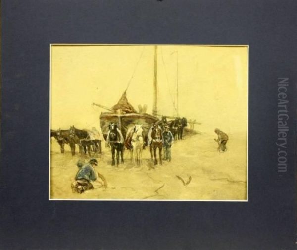 Bomschuiten Op Het Strand Met Figuren En Paarden Oil Painting by Anton Mauve