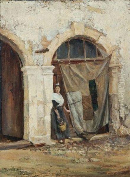 Femme En Habit Provencal Dans Une Ruelle Oil Painting by Theophile Mayan