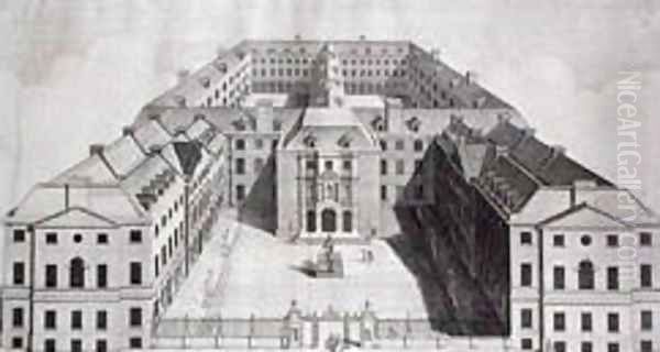 Birds-eye View of Guys Hospital, Southwark, with Figures in the Courtyard, engraved by William Henry Toms, c.1756 Oil Painting by Robert West