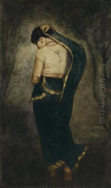 Untitled (woman In A Blue Sari) Oil Painting by Hemendranath Mazumdar