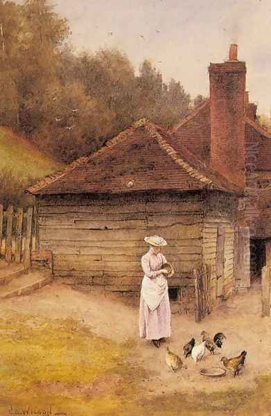 Feeding Chickens Oil Painting by Charles Edward Wilson