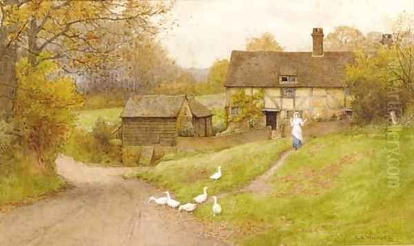 A milkmaid and geese before a cottage in a wooded landscape Oil Painting by Charles Edward Wilson