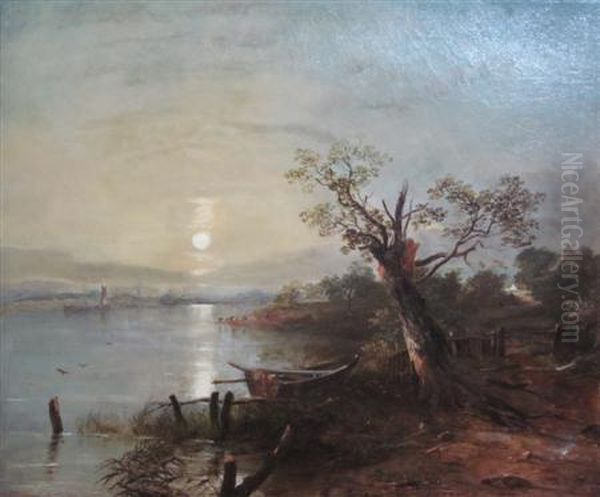 Rowing-boat By The Lochside, Moonlight Oil Painting by Horatio McCulloch