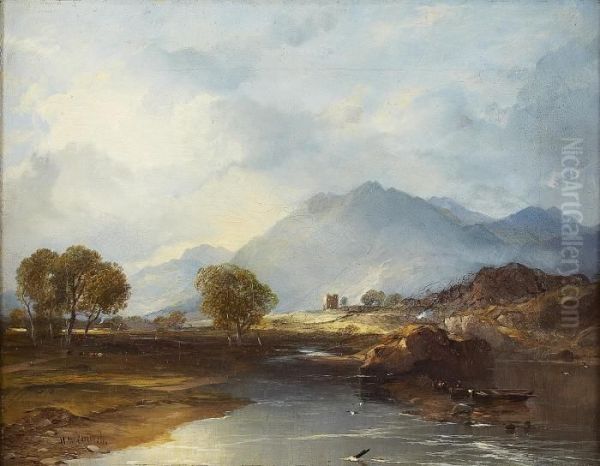 A Highland River Landscape With Distant Tower Oil Painting by Horatio McCulloch