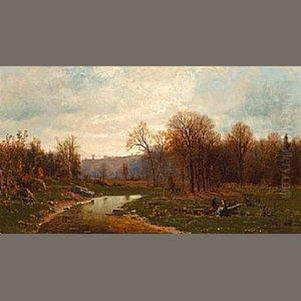 Figures By A River In An Autumnal Landscape Oil Painting by Jervis McEntee