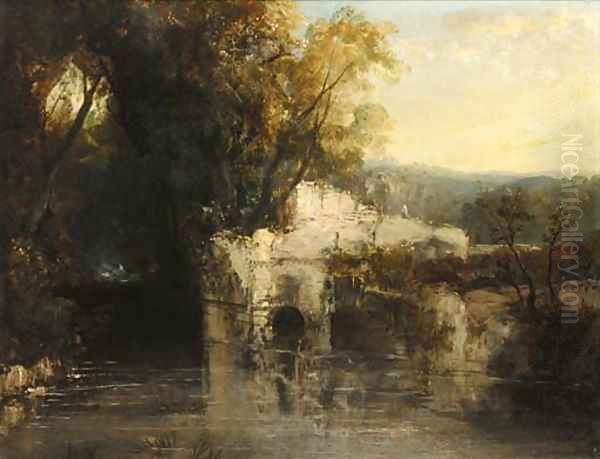 Figures on a ruined bridge in a wooded river landscape Oil Painting by John Rawson Walker