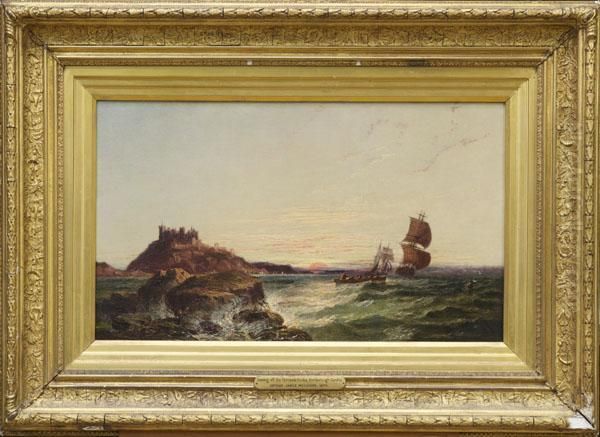 View Of The Farne Isle Rocks With Bamburgh Castle And Sailing Vessel Beyond Oil Painting by Arthur Joseph Meadows