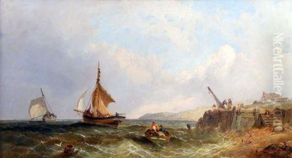 Fishing Boats Off A Coast Oil Painting by James Edwin Meadows