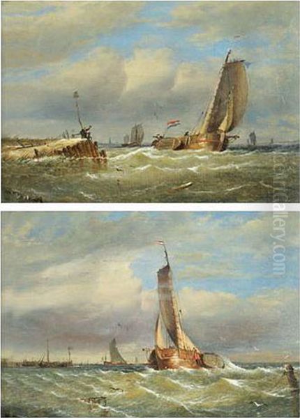 Dutch Sailing Vessels Off The Coast Oil Painting by William Meadows