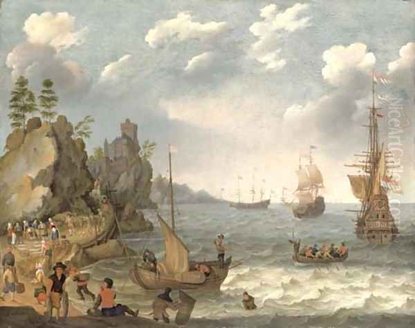 A coastal landscape with shipping and fishermen selling their catch Oil Painting by Isaac Willaerts