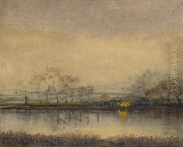 River Landscape At Dusk Oil Painting by Laszlo Mednyanszky