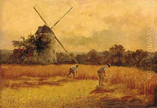 Figures harvesting before a windmill Oil Painting by Harry Wallace