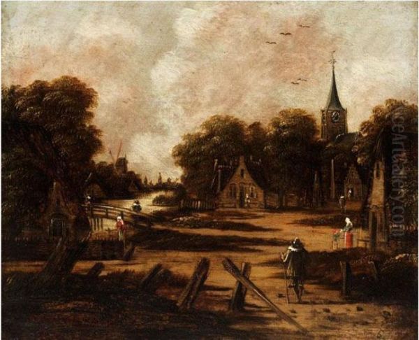 Abendliche Landschaft Mit Dorf Und Kirche Unter Baumen Oil Painting by Jan Meerhout