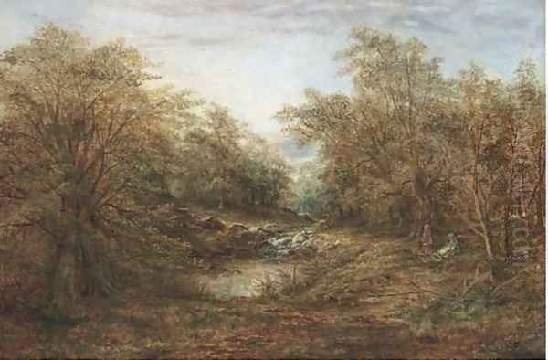 Children by a woodland stream Oil Painting by Harry Wallace