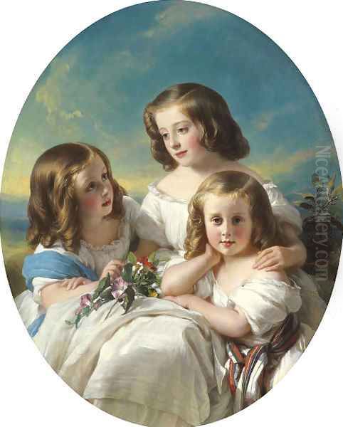 Trois demoiselles de la famille de Châteaubourg Oil Painting by Hermann Winterhalter