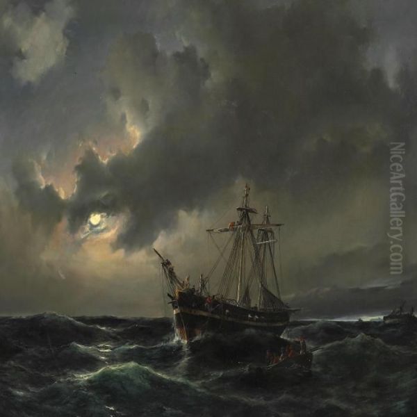 Night Time At Sea With Sailors Being Rescued From A Sinking Ship In Moonlight Oil Painting by Anton Melbye