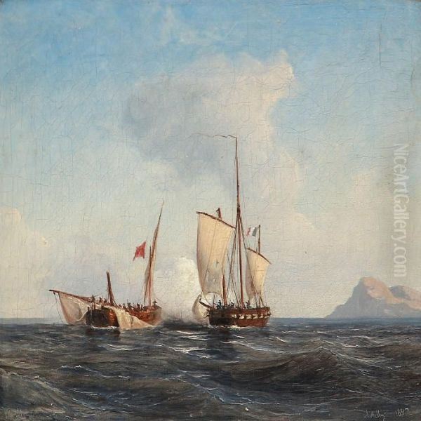 Two Sailing Ships Fighting Against Each Other Oil Painting by Anton Melbye