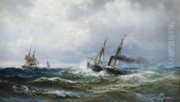 A Paddle Steamer And Other Shipping In A Heavy Swell Oil Painting by Vilhelm Melbye