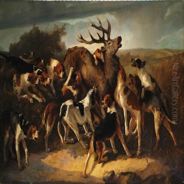 Hunting Scene With Dogs Attacking A Stag Oil Painting by Joseph Urbain Melin