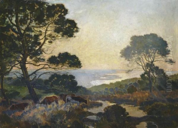 Cattle Grazing Above A Bay At Dusk Oil Painting by Emile Rene Menard