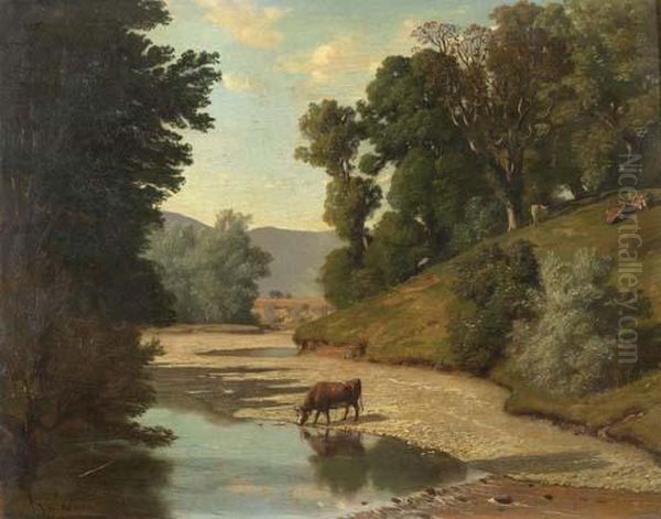 River Landscape With Cows Oil Painting by Barthelemy Menn