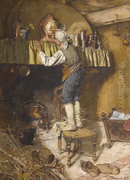 Interieur Mit Bauer Beim Richten Des Pendulenzeigers Oil Painting by Edouard Menta