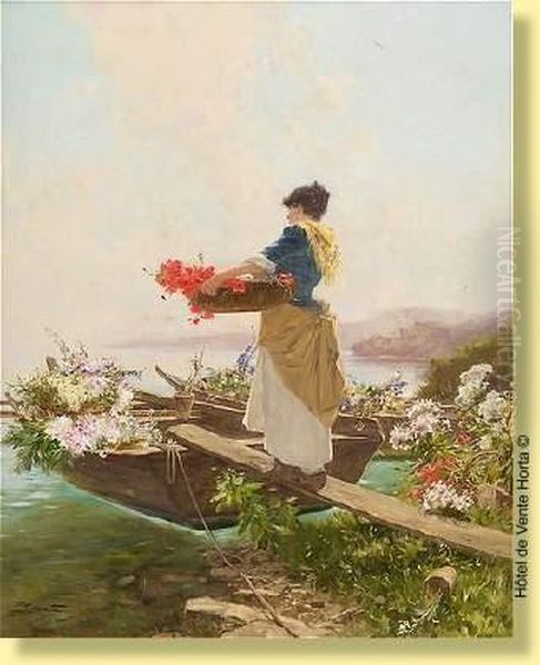 Fleuriste Chargeant Sa Barque Oil Painting by Edouard Menta