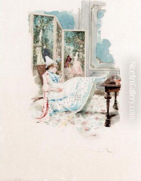 A Lady At A Masked Ball; Ladies In A Conservatory Oil Painting by Edouard Menta