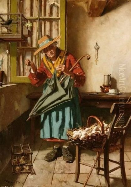 Edouard Menta . Lady Mending Umbrella In Interior With Basket Of Eggs Oil Painting by Edouard Menta