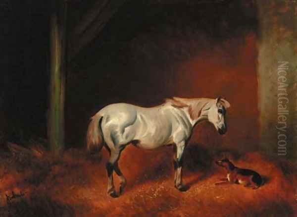 A grey pony with a dog in a stable Oil Painting by John Alfred Wheeler