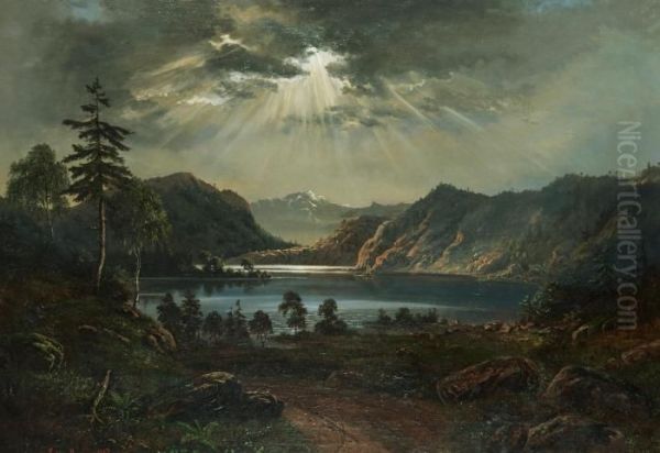 Insjolandskap Med Segelbat Oil Painting by Carl Ludvig Messmann