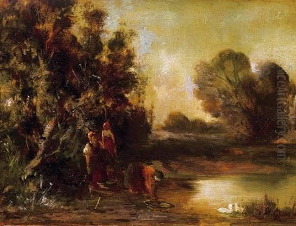 River Bank, 1870s Oil Painting by Geza Meszoly