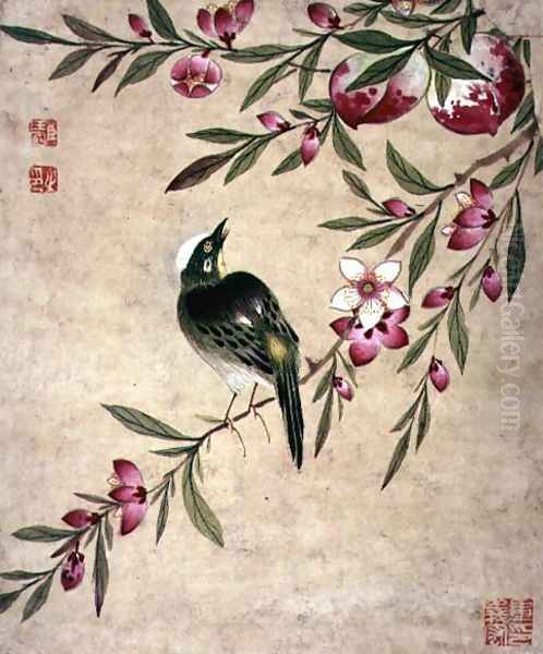 One of a series of paintings of birds and fruit, late 19th centur Oil Painting by Guoche Wang