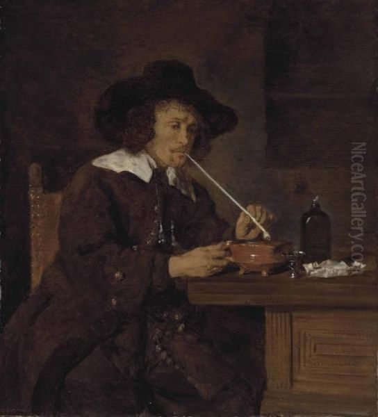 A Smoker Lighting His Pipe Oil Painting by Gabriel Metsu