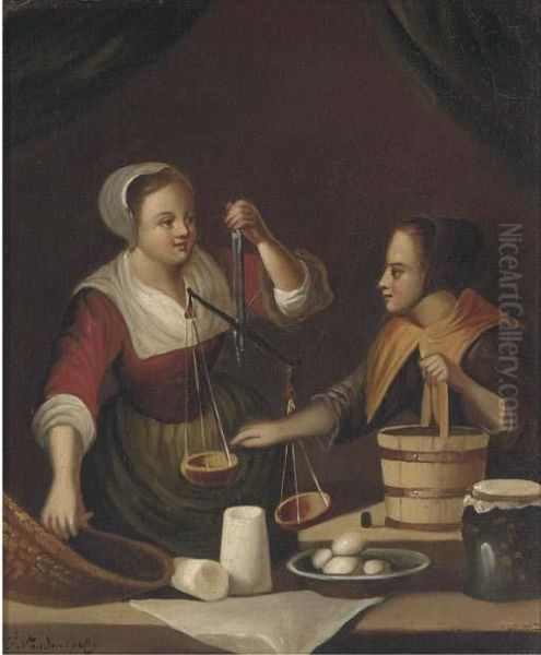 Balancing The Scales; And A Purchase From The Butcher Oil Painting by Gabriel Metsu