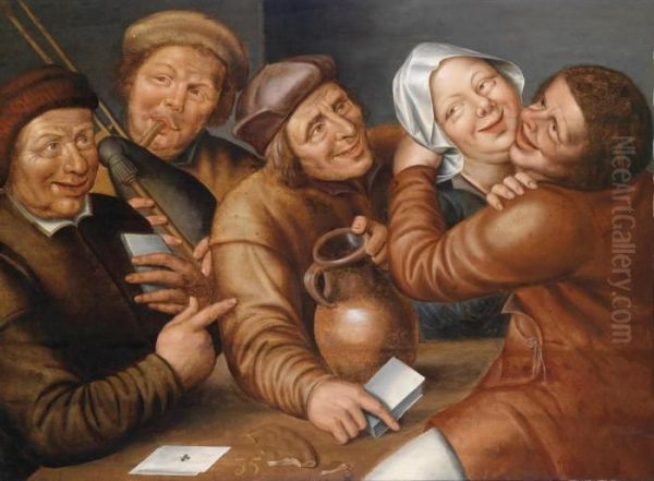 A Merry-making Party With A Couple Kissing Oil Painting by Jan Massys