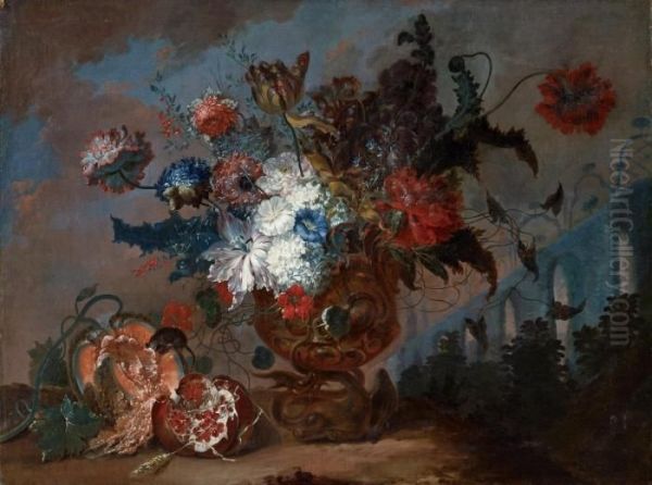 Zwei Blumen- Und Fruchtestillleben Oil Painting by Johann Martin Metz