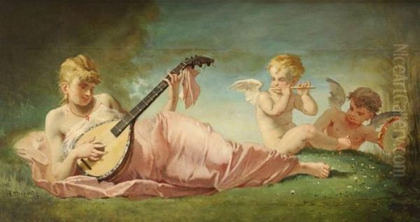 Jeune Femme A La Mandoline Entouree De Putti Musiciens Oil Painting by Emile Meyer